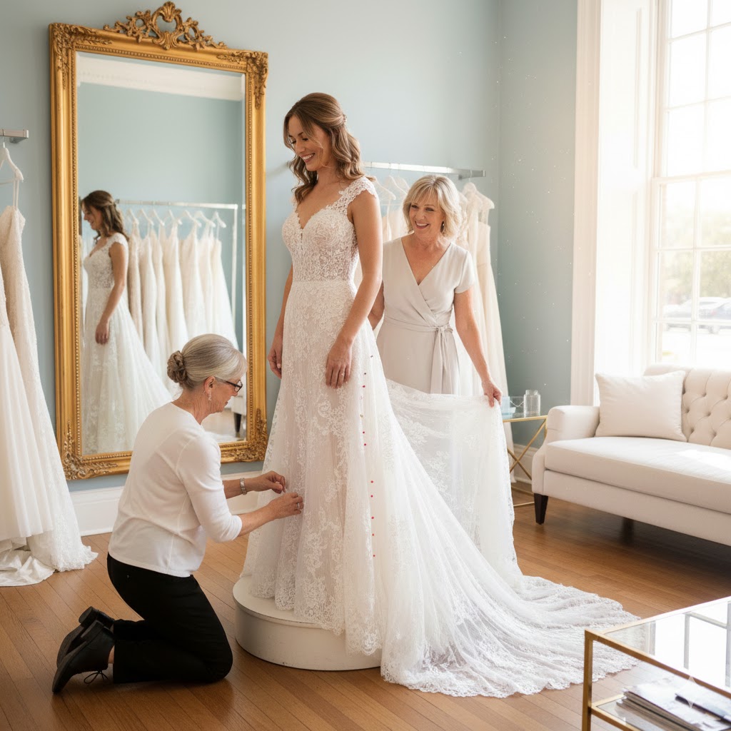 Elegant wedding gown with intricate beadwork alterations